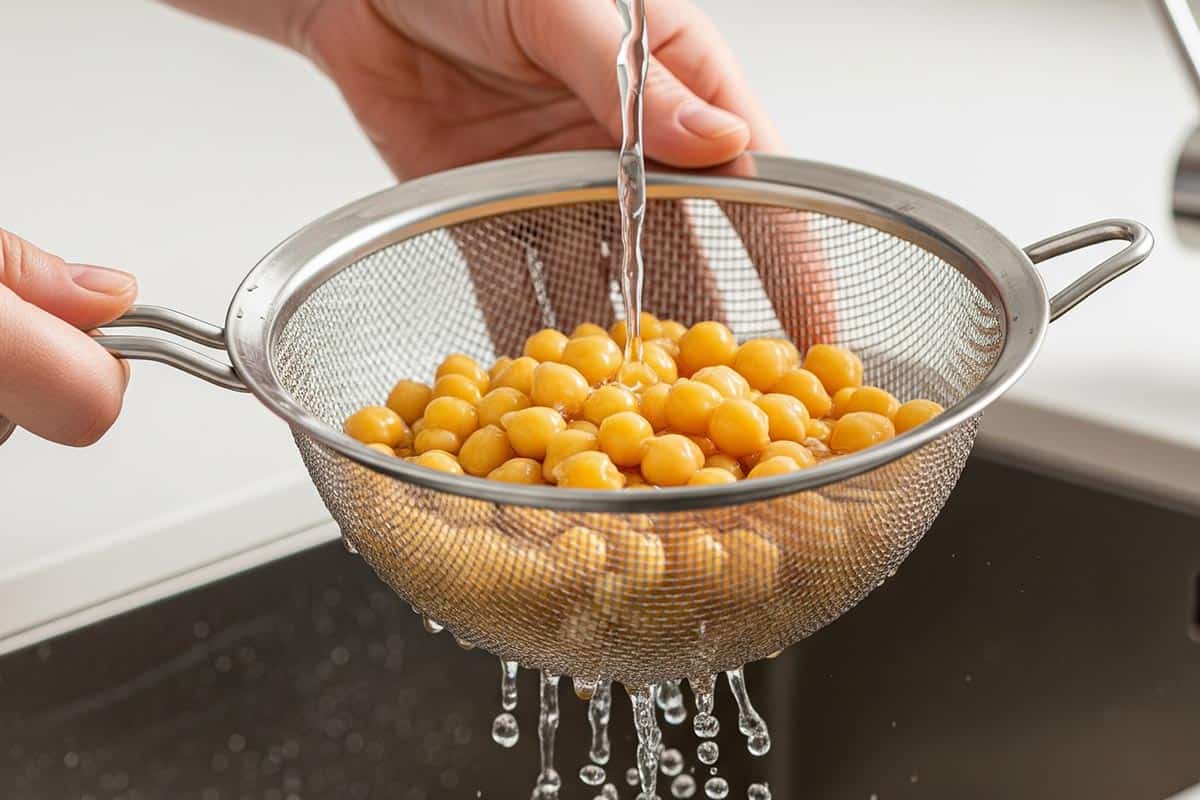 Rinsing the chickpeas using a fine mesh strainer under cool running water.