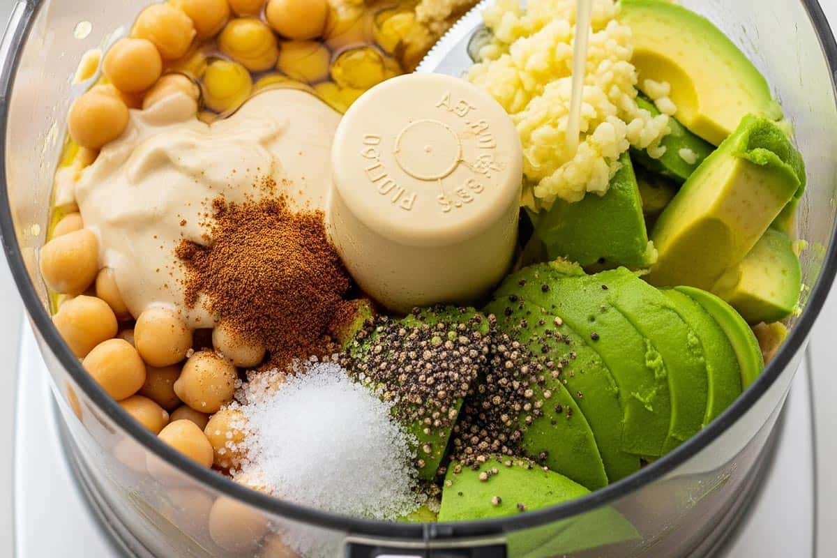 Chickpeas in a food processor with tahini, lemon juice, olive oil, garlic, cumin, salt, pepper, and avocado.