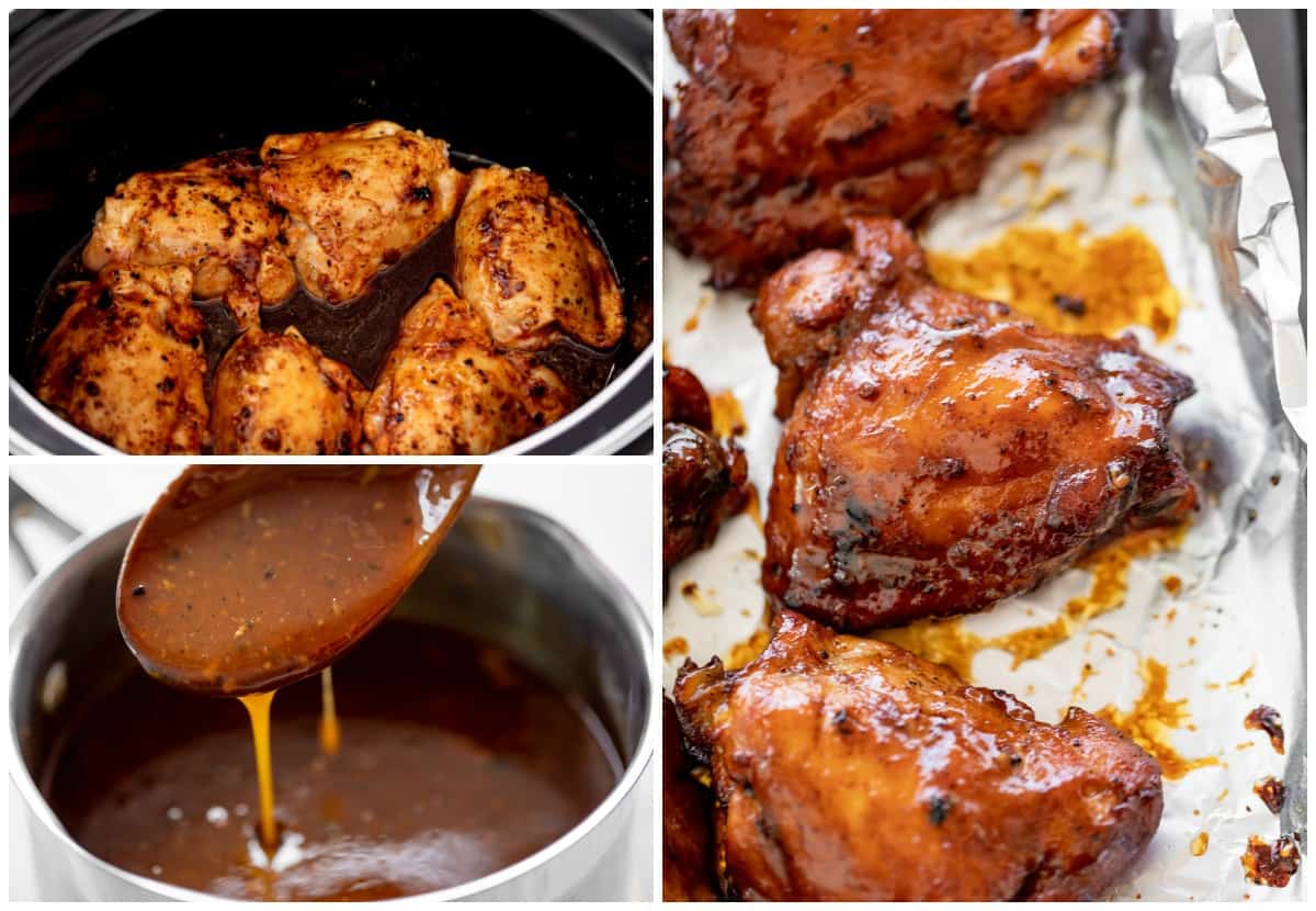 Broiling chicken thighs on a foil lined baking sheet with honey garlic sauce collage. 