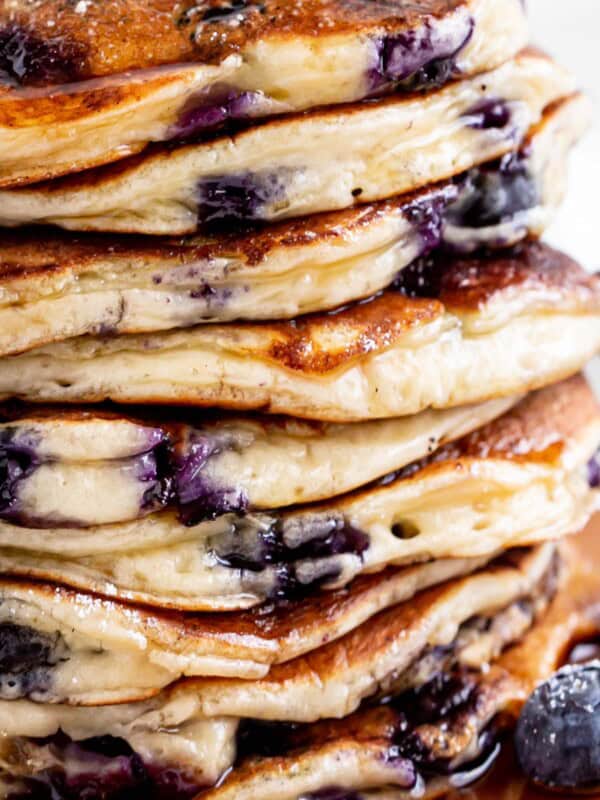 Close up image of a Blueberry Ricotta Pancakes stack