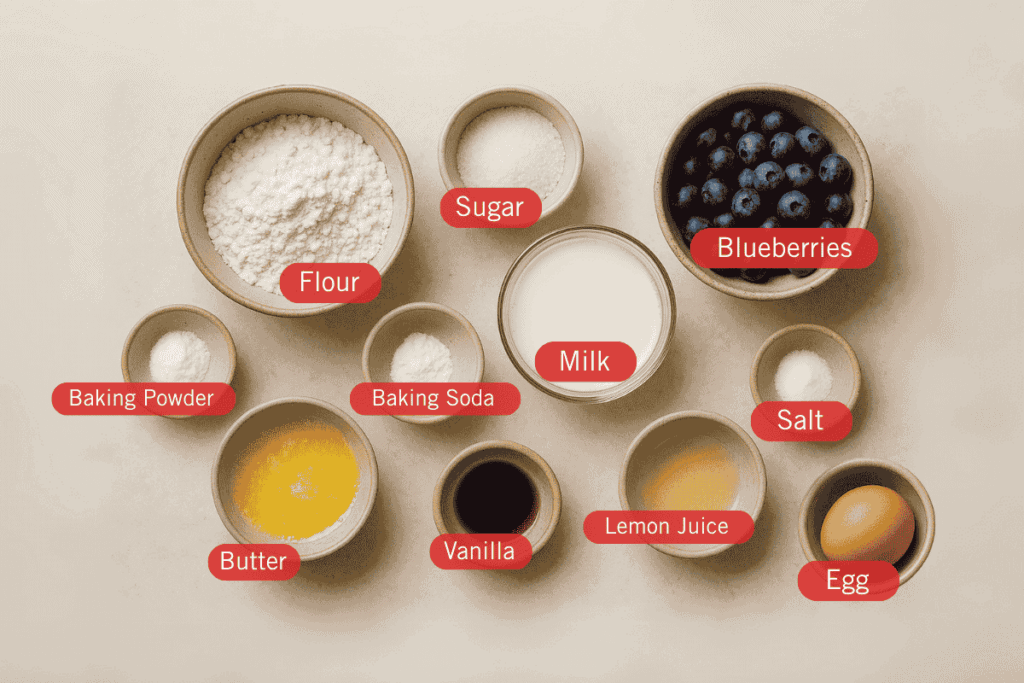Overhead photo of labeled ingredients for Blueberry Pancakes, arranged in small bowls on a neutral surface. Labels include: Flour, Sugar, Baking Powder, Baking Soda, Salt, Milk, Butter, Vanilla, Lemon Juice, Egg, and Blueberries.