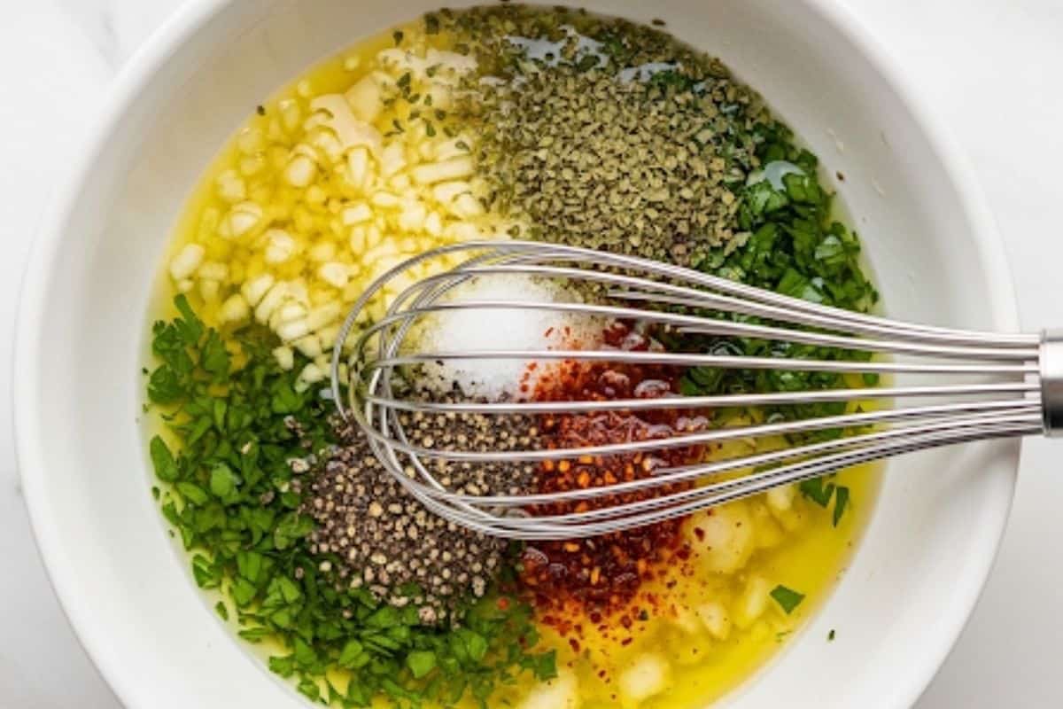 In a small bowl, whisk together olive oil, lemon juice, garlic, oregano, parsley, salt and pepper and a pinch of cayenne pepper.