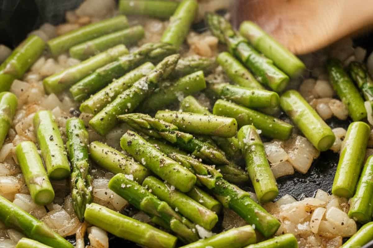 Added asparagus and seasoned with salt and pepper.