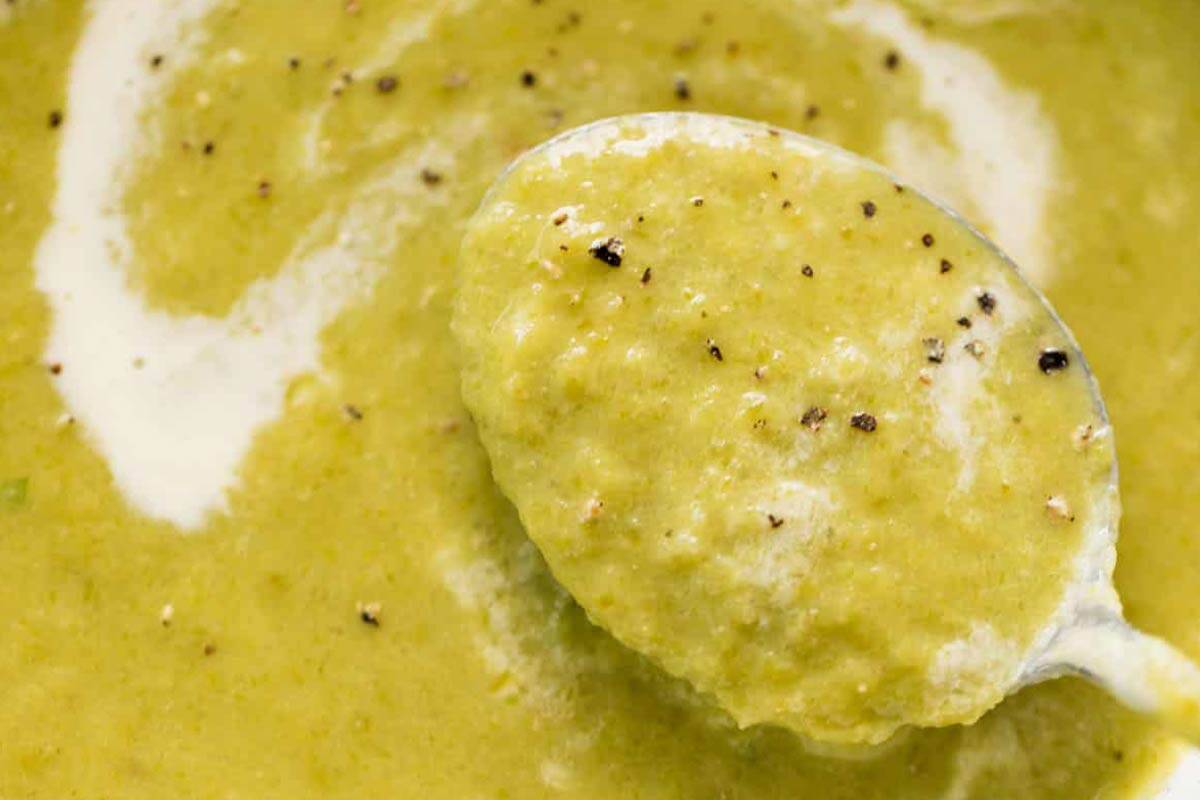 Close-up shot of Cream of Asparagus Soup.