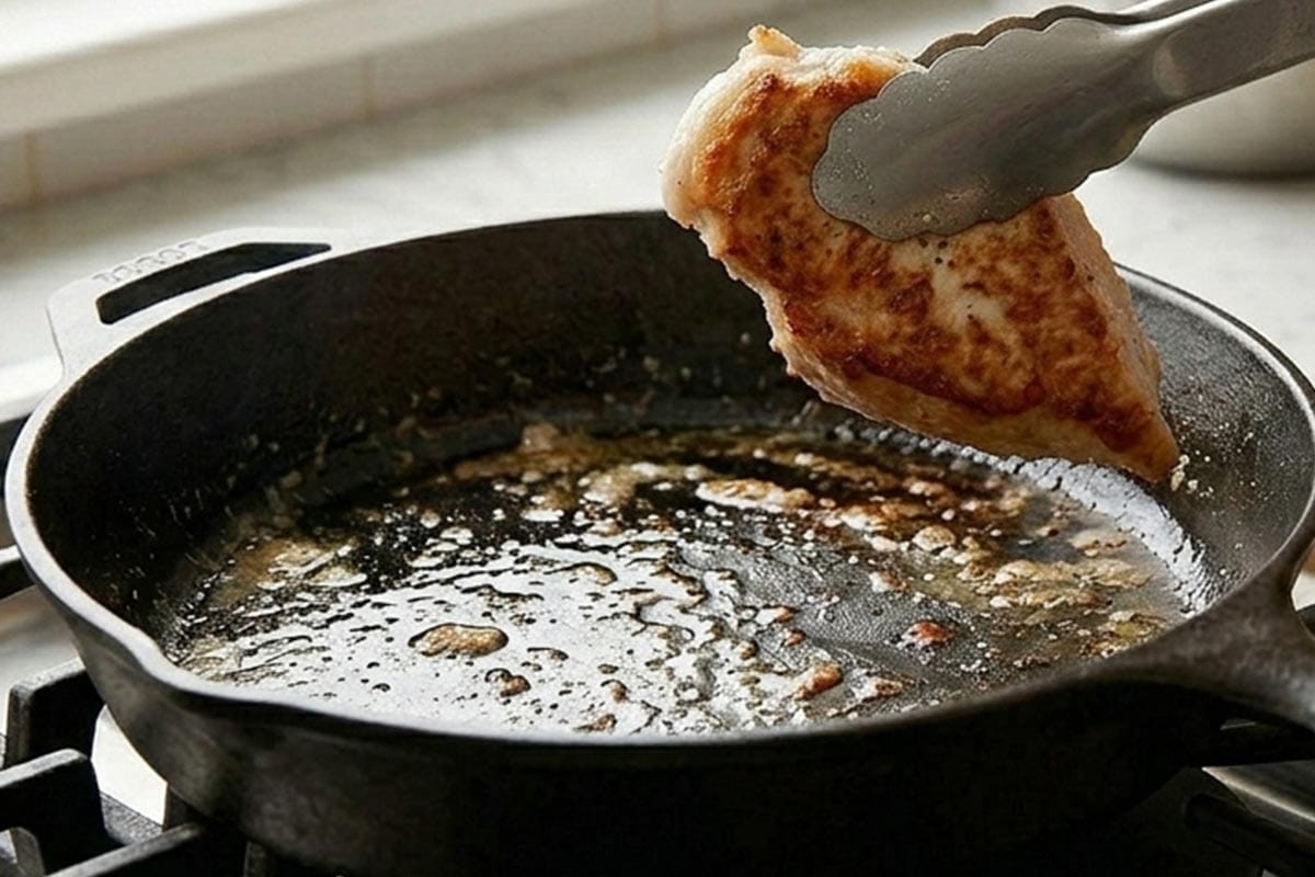 Searing the chicken.