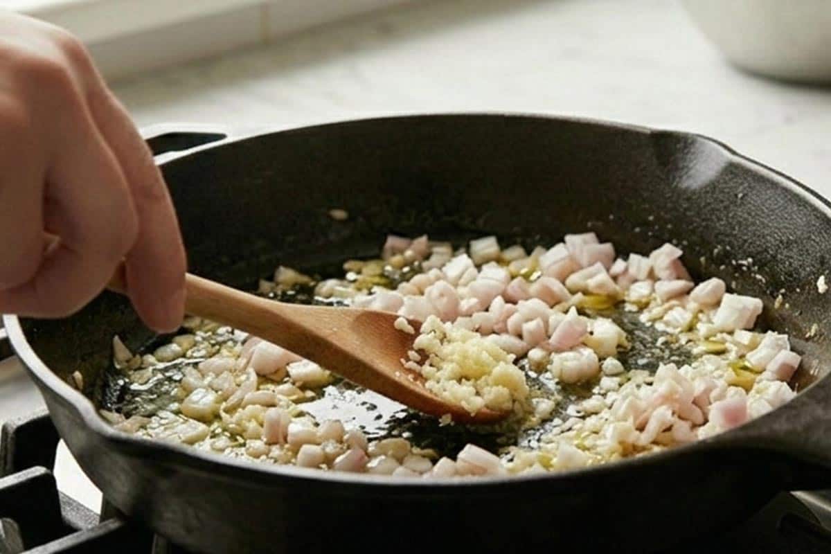 Cooking the shallots and garlic.