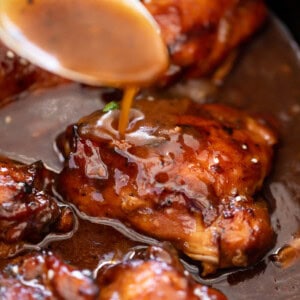 Slow Cooker Honey Garlic Chicken drizzled with honey garlic sauce in a slow cooker bowl.