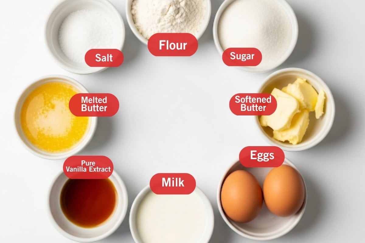 Flat lay photo of flour, sugar, softened butter, eggs, milk, pure vanilla extract, melted butter, salt