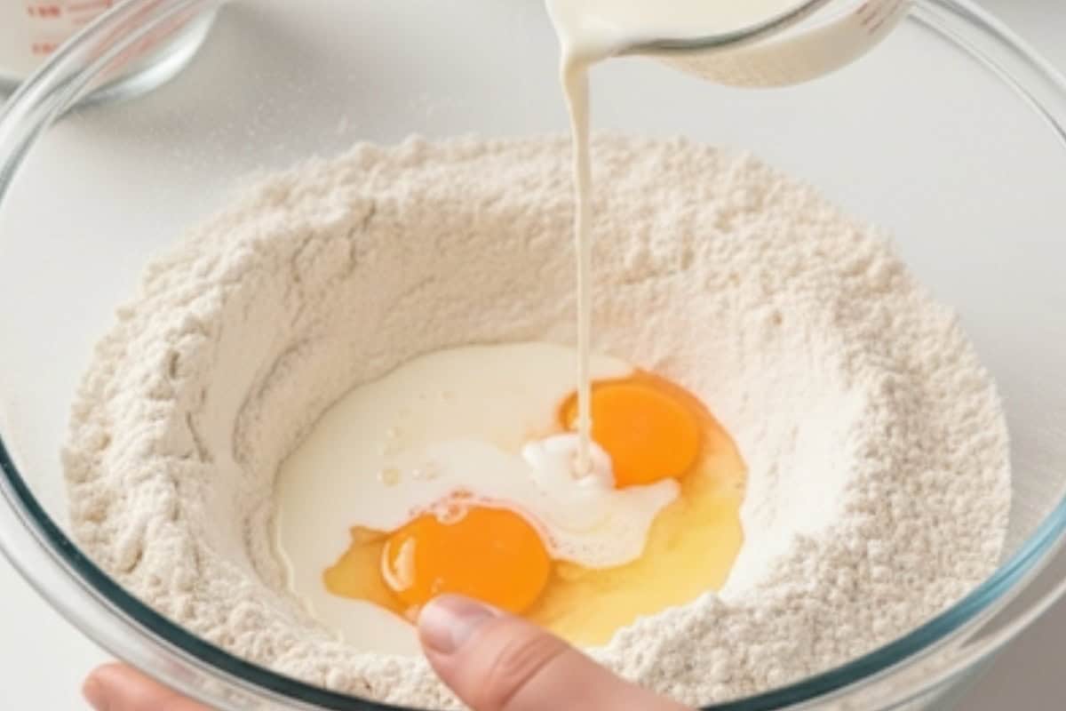 Make a well in the center and pour in the milk, eggs, and melted butter.