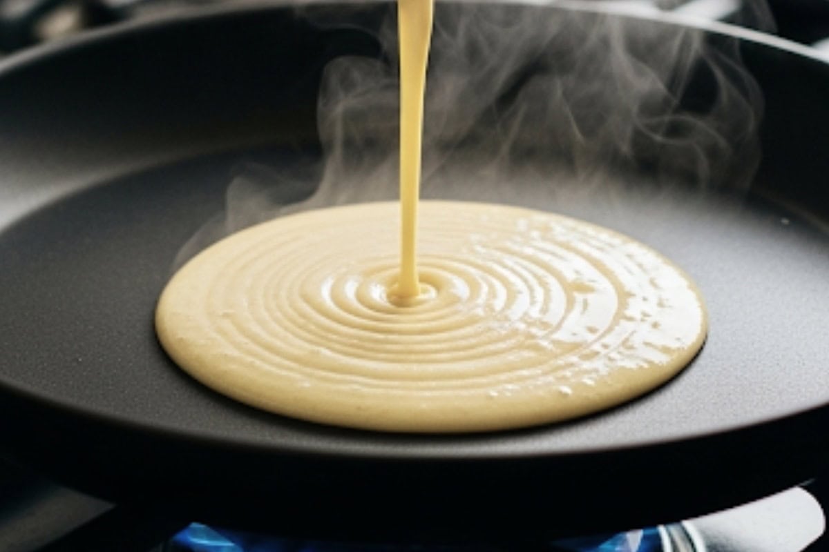 Pour 1/4 cup of batter into the pan, swirling to coat the bottom evenly.