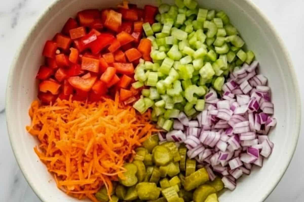 Finely chop the vegetables and add them to a large serving bowl.