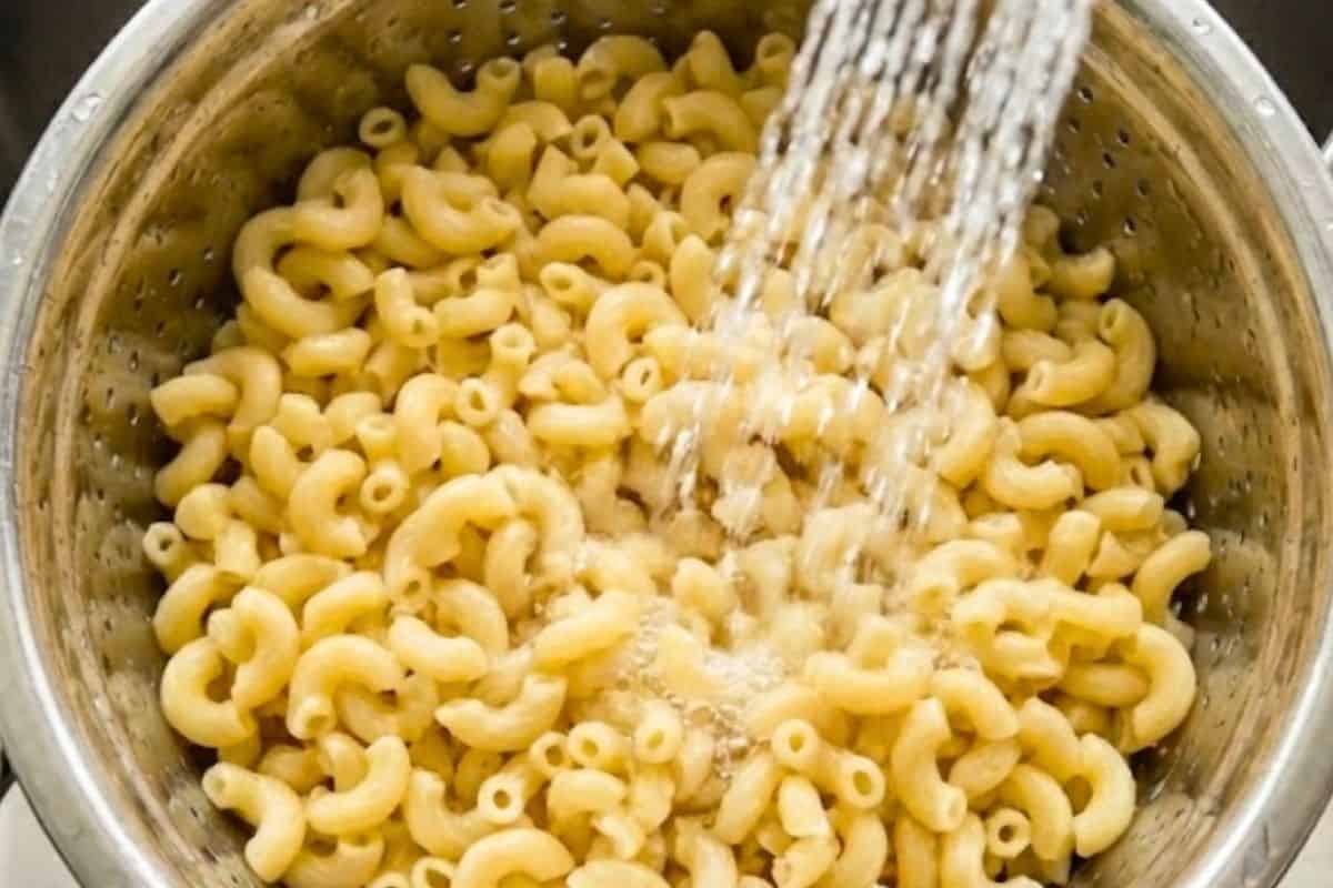 Drain the cooked macaroni and rinse under cool running water to stop the cooking process