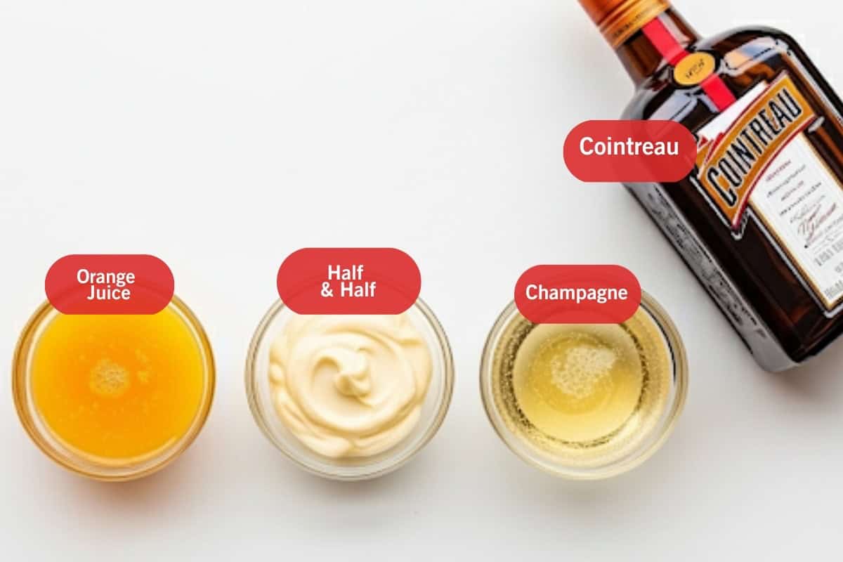 Flat lay photo of ingredient shot of orange juice, half and half, champagne, cointreau