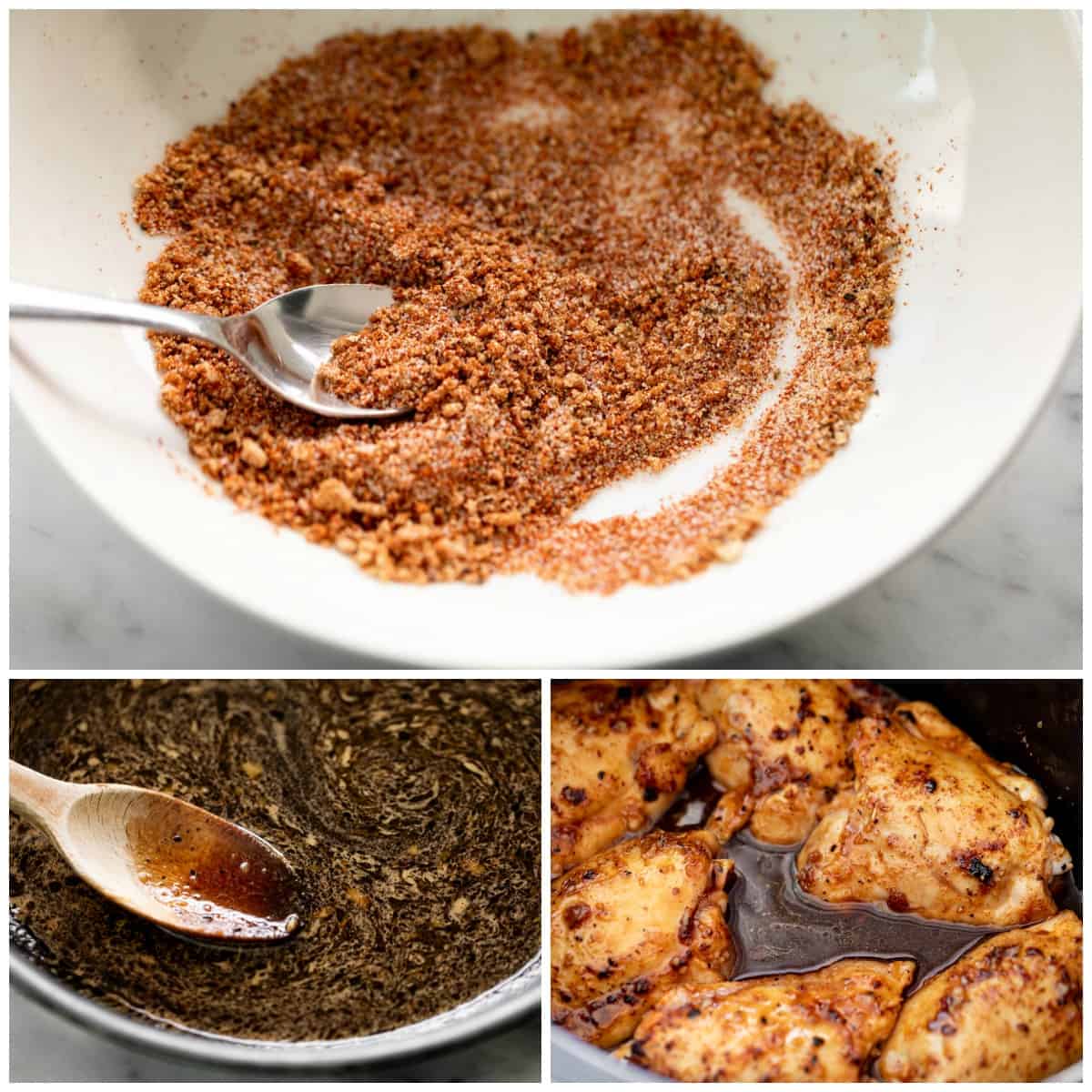 Seasoning and sauce collage, top image of seasoning mixed together in a white bowl with silver teaspoon, bottom left image of sauce mixed with wooden spoon in silver dish, bottom right image of chicken thighs seared in pan with sauce and seasoning ready to go in slow cooker.