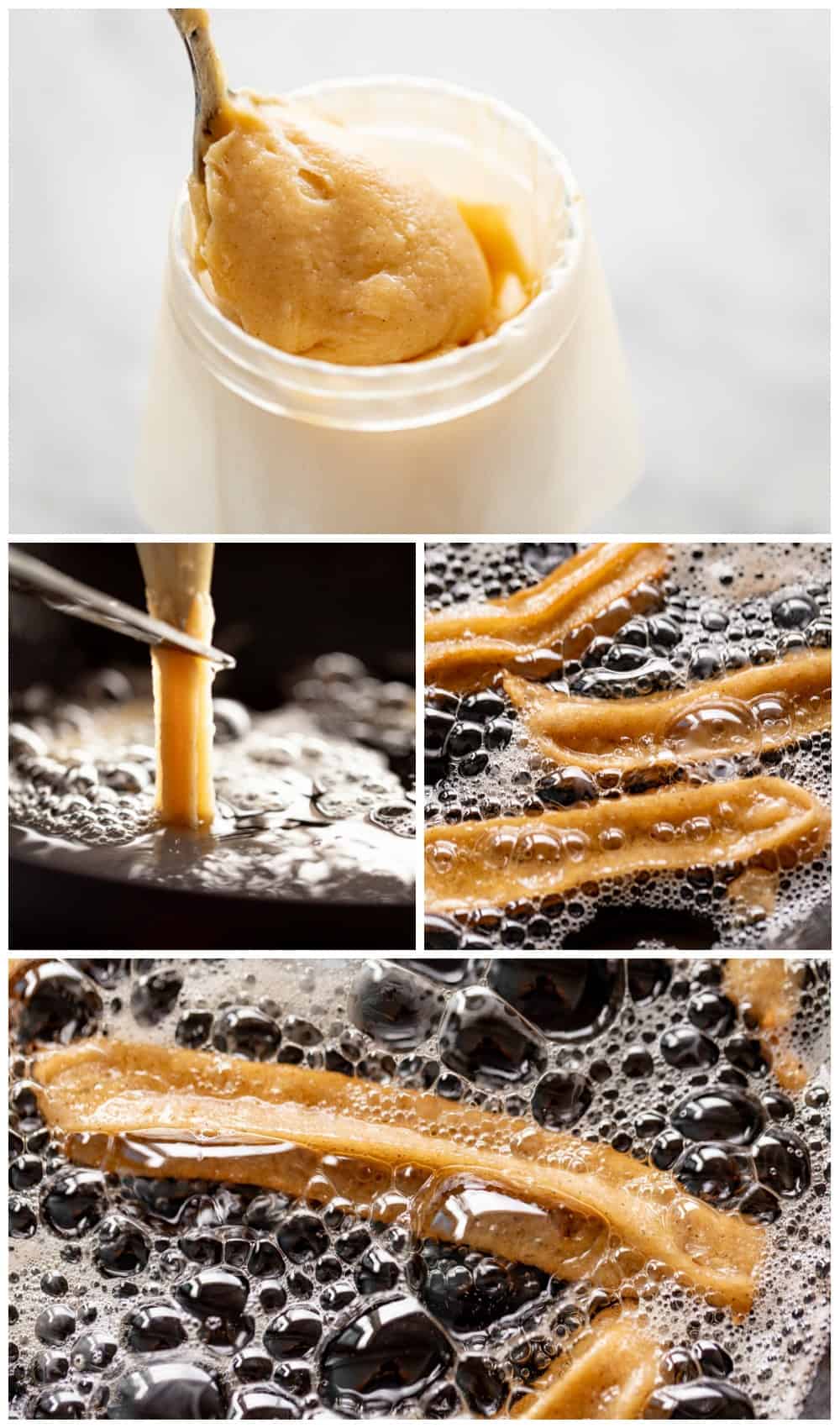 Spoon scooping churro mixture, oiled scissors cutting churro mixture into pan of hot oil.