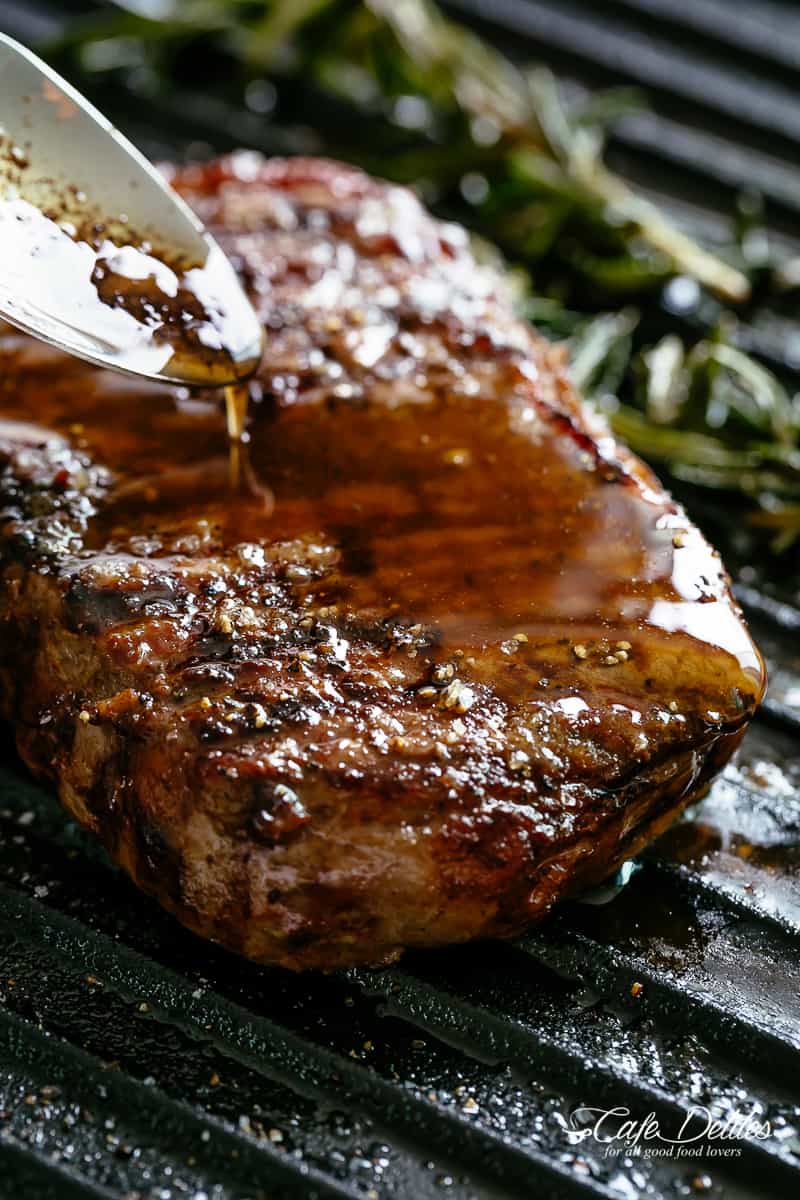 Grilled Steak drizzled with garlic and pepper Browned Butter | cafedelites.com