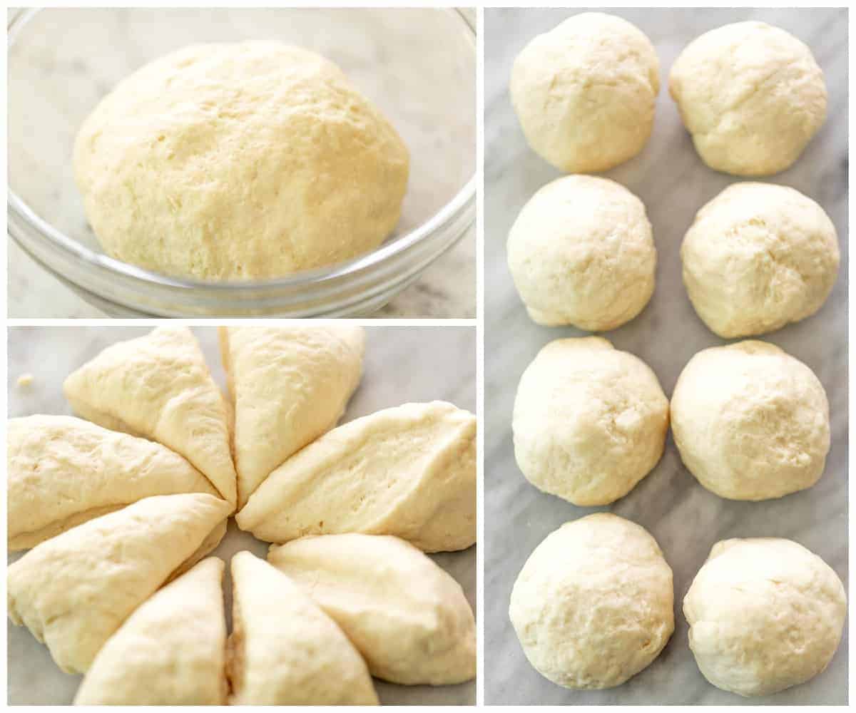 Collage of images showing how to make garlic naan bread. Top left image of dough ball in glass bowl. Bottom left image of dough cut into eight even pieces. Right image of eight pieces of dough rolled into balls.