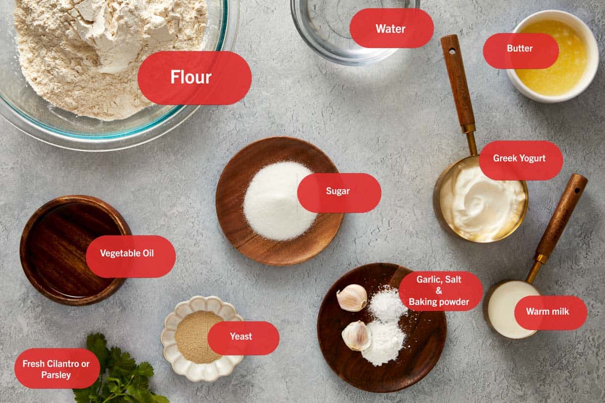 Top-down view of ingredients for naan bread in small bowls, including flour, water, butter, Greek yogurt, sugar, garlic, salt, baking powder, warm milk, yeast, vegetable oil, and fresh cilantro, with red text labels on a gray surface.