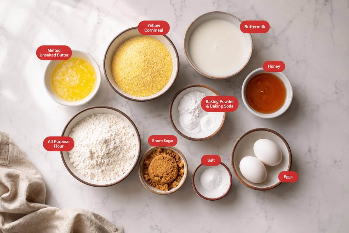 Flat lay photo of melted butter, yellow cornmeal, butter milk, honey, baking powder and baking soda, eggs, salt, brown sugar, all purpose flour