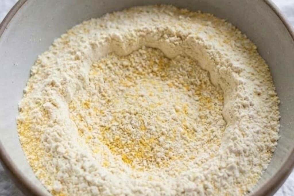 n a large bowl, whisk together the flour, cornmeal, sugar, baking powder, baking soda and salt.