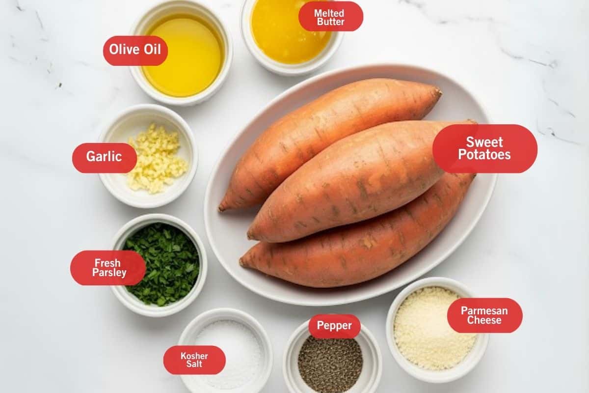 Flat lay photo of ingredient shot of melted butter, olive oil, garlic, fresh parsley, kosher salt, pepper, sweet potatoes, parmesan cheese