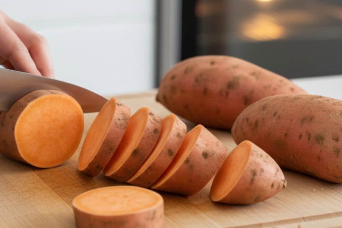 Cut the sweet potatoes into quarters.