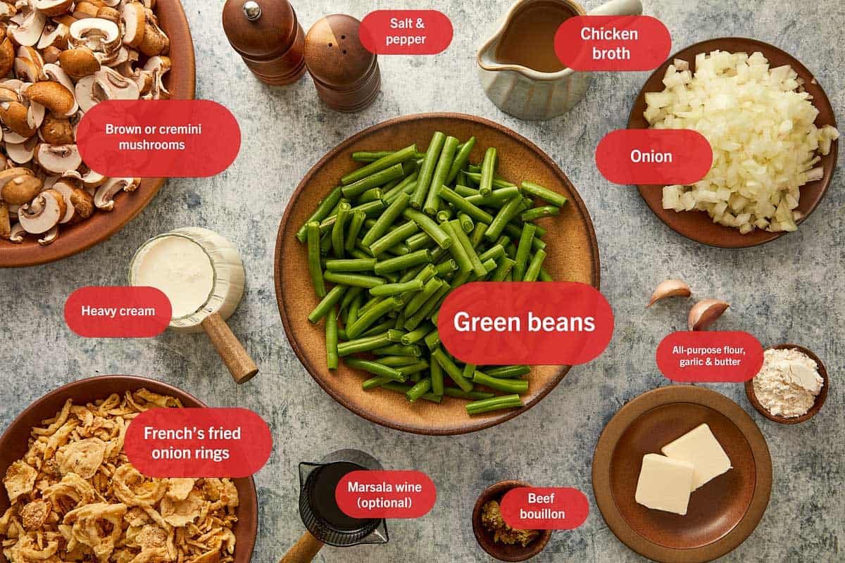onion, flour, pepper, mushrooms, evaporated milk, green beans, onion rings, butter, chicken stock, wine, beef stock cube, garlic, salt