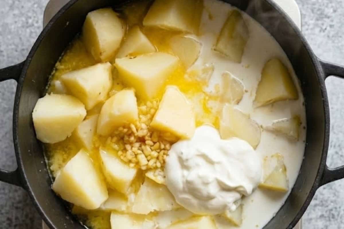 Drain the potatoes thoroughly and return them to the hot pot. Add the remaining butter, sautéed garlic, hot milk and sour cream