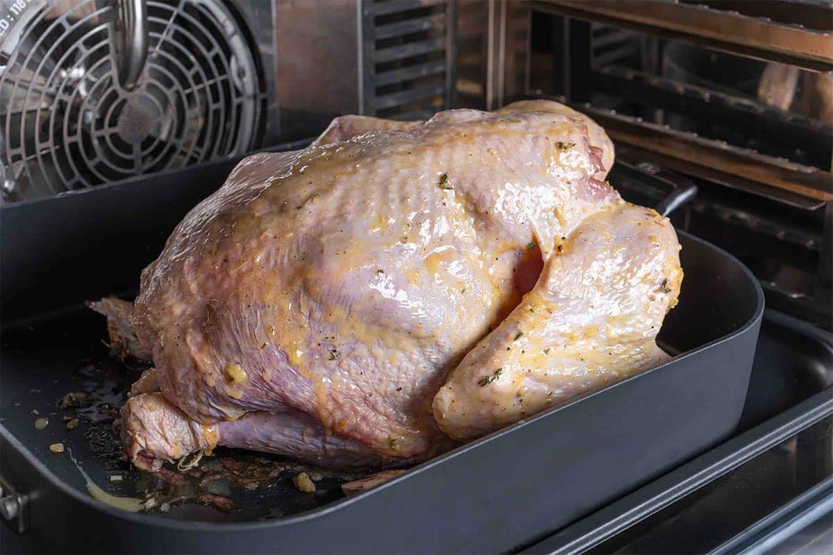 basted turkey in oven in a pan