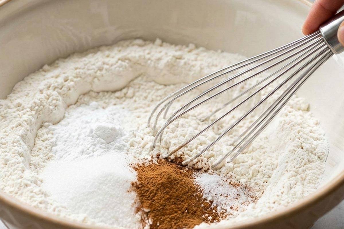 Mixing the flour, baking powder, sugar, cinnamon, and salt in a large mixing bowl. - 3