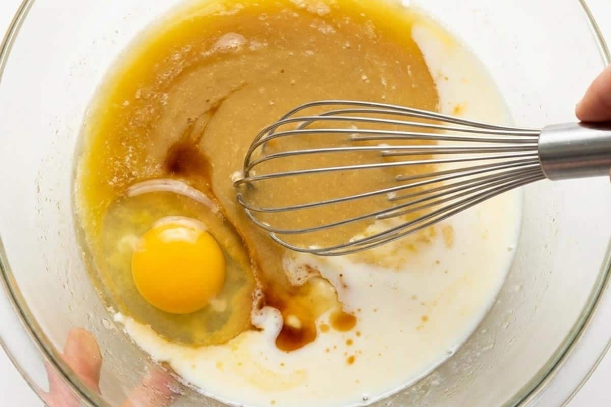 Whisking together the melted butter, egg, vanilla, and milk in a separate bowl. - 4