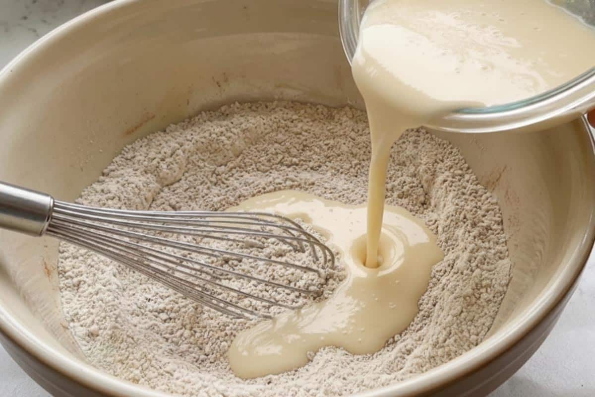 Pouring wet mixture into the dry ingredients. - 5