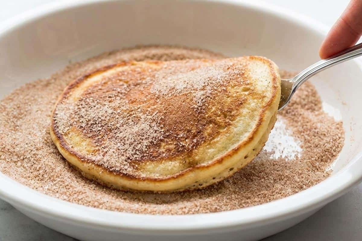 Placed the hot pancake into a dish of cinnamon sugar and coat it evenly. - 9