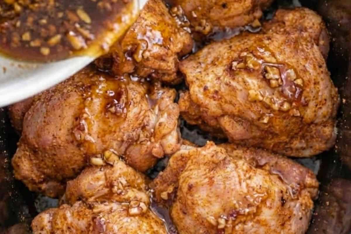 Pour the sauce over the chicken and cover the lid. cook on high for 2 to 3 hours or on low for 5 to 6 hours, basting once halfway through cooking.
