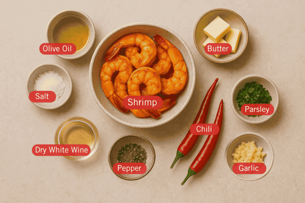 A flatlay image of labeled ingredients for Garlic Butter Shrimp. At the center is a bowl of cooked shrimp. Surrounding it are small bowls containing olive oil, salt, dry white wine, ground pepper, butter, chopped parsley, minced garlic, and two whole red chili peppers, all neatly spaced on a neutral background.