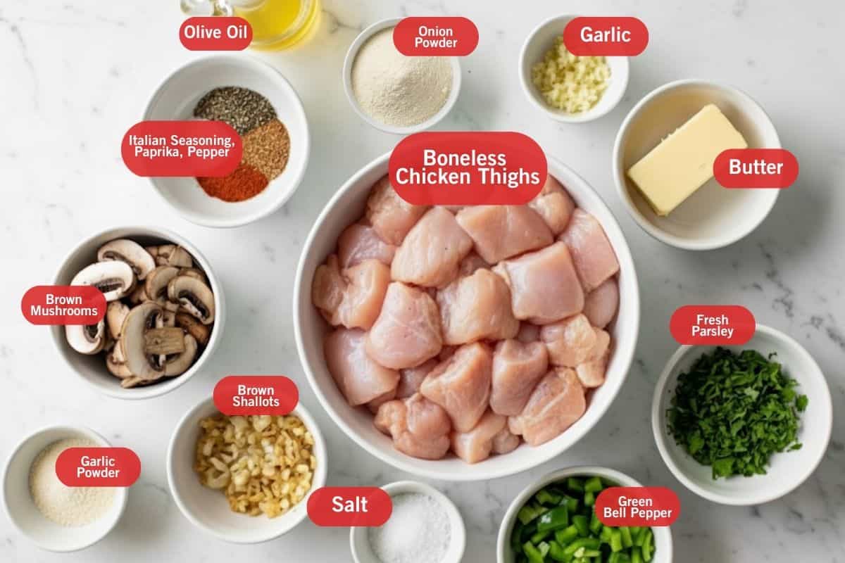 Flat lay photo of ingredient shot of olive oil, Italian seasoning, paprika, pepper, onion powder, garlic, butter, fresh parsley, green bell pepper. salt, boneless chicken thighs, brown shallots, garlic powder, brown mushroom