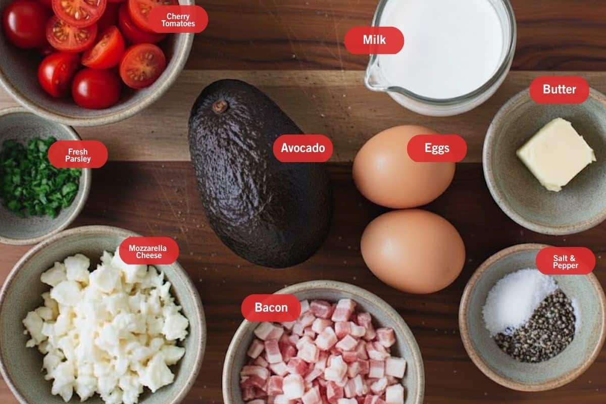 Flat lay photo of ingredient shot of cherry tomatoes, milk, butter, eggs, salt and pepper, bacon, mozzarella cheese, fresh parsley, avocado - 2