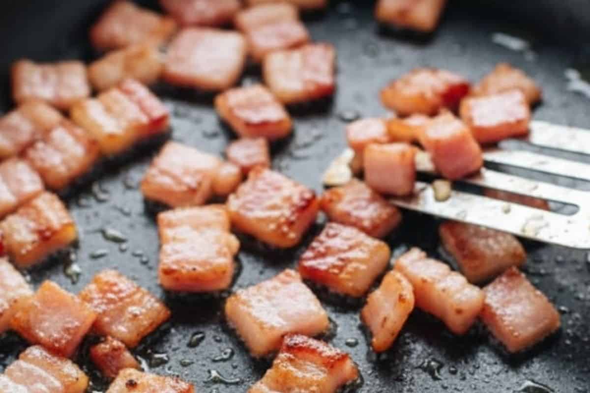 Cook the bacon pieces in a nonstick pan over medium heat until golden and crisp. - 3