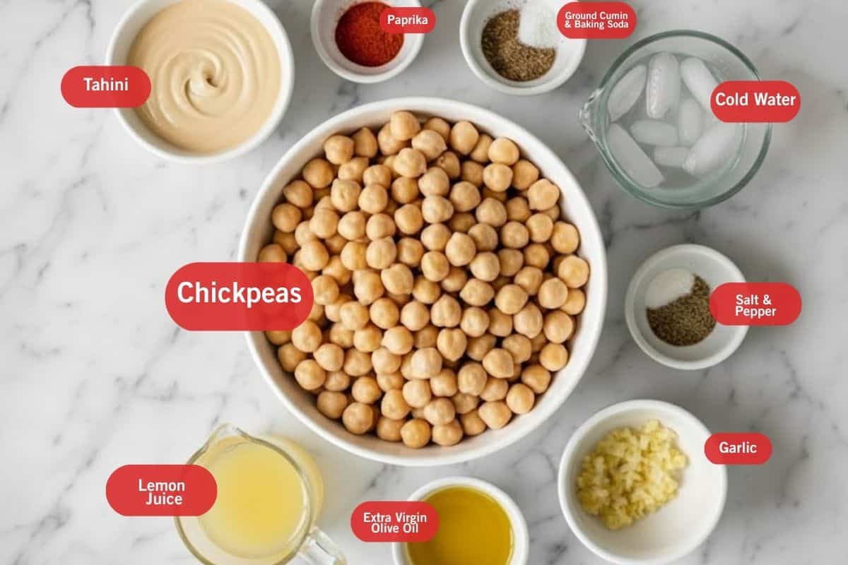 Flat lay photo of ingredient shot of tahini, paprika, ground cumin and baking soda, cold water, salt and pepper, garlic, extra virgin olive oil, lemon juice, chickpeas