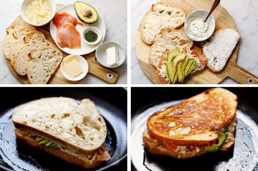 All of the ingredients laid out on separate plates and ramekins. Uncooked sandwich in an oiled pan. Grilled cheese browned and fully cooked in pan.   