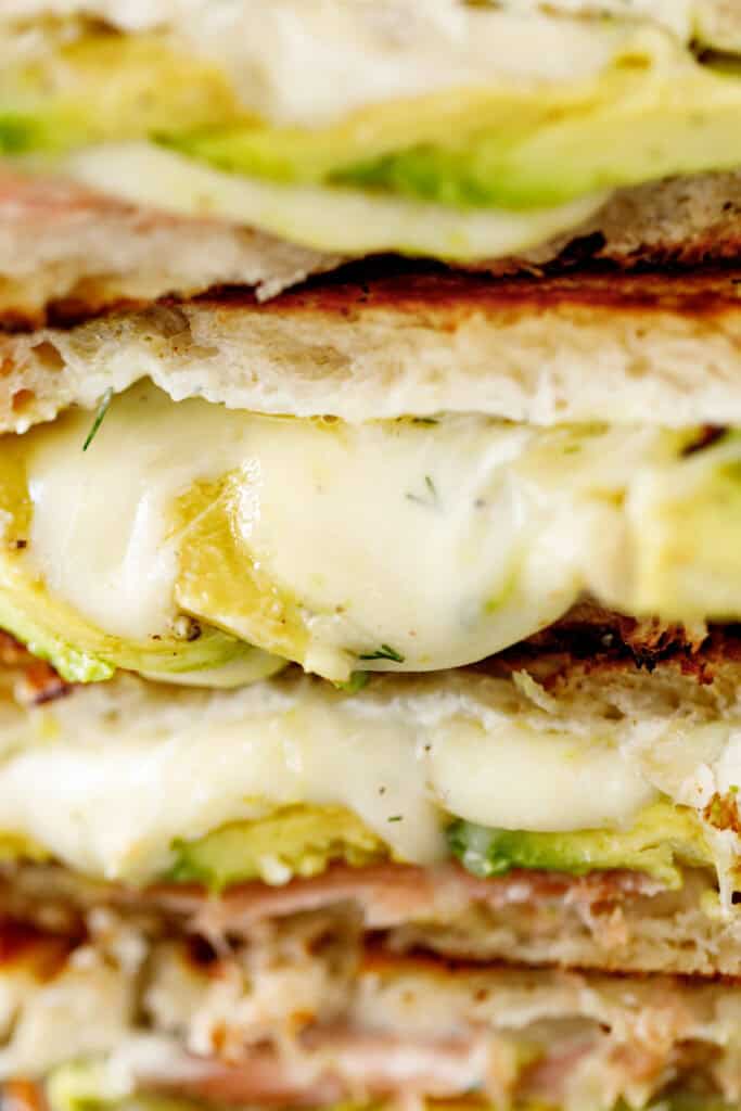 Close up of the inside of the grilled cheese with melted mozzarella, avocado, salmon and dill.
