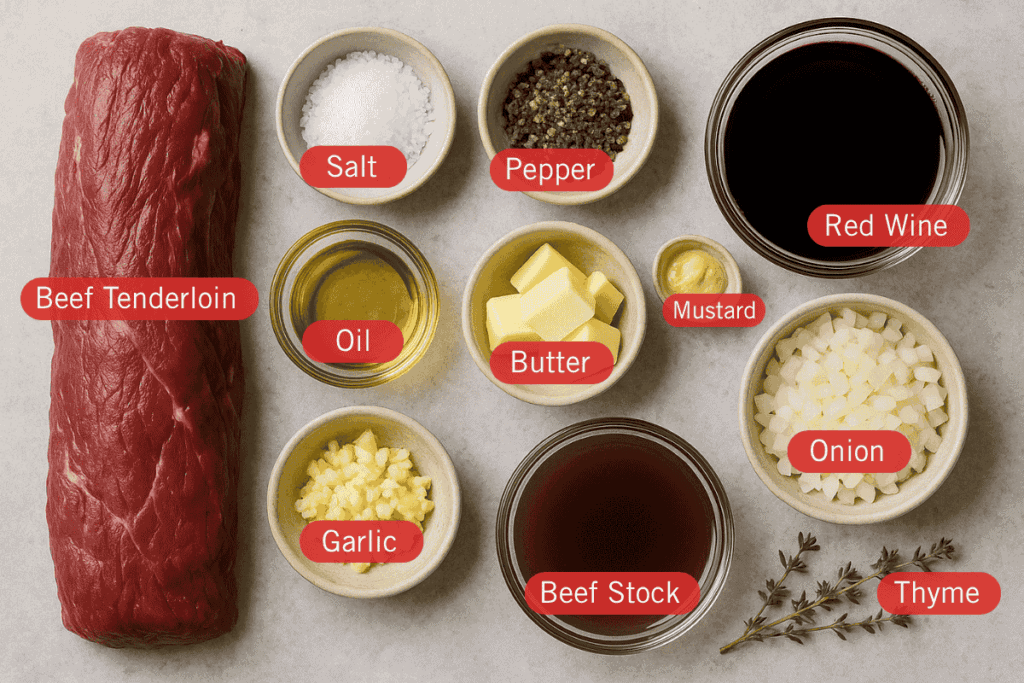 A flatlay image of labeled ingredients for beef tenderloin arranged on a light gray surface. From left to right, the items include a large cut of raw beef tenderloin, a bowl of coarse salt, cracked black pepper, red wine, canola oil, butter cubes, Dijon mustard, finely chopped onions, minced garlic, beef stock, and a sprig of fresh thyme.