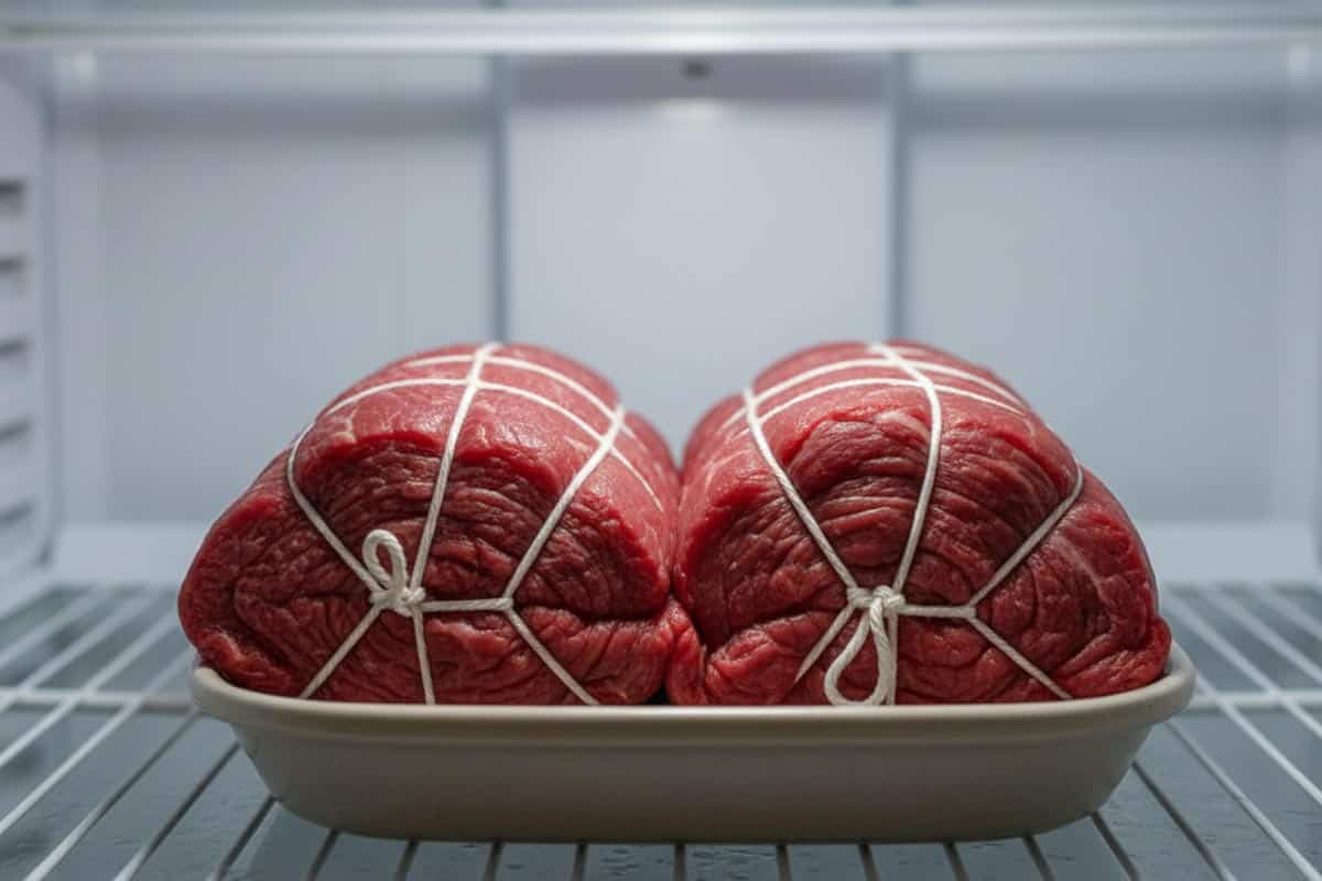Tied beef tenderloins on a plate, inside the fridge.