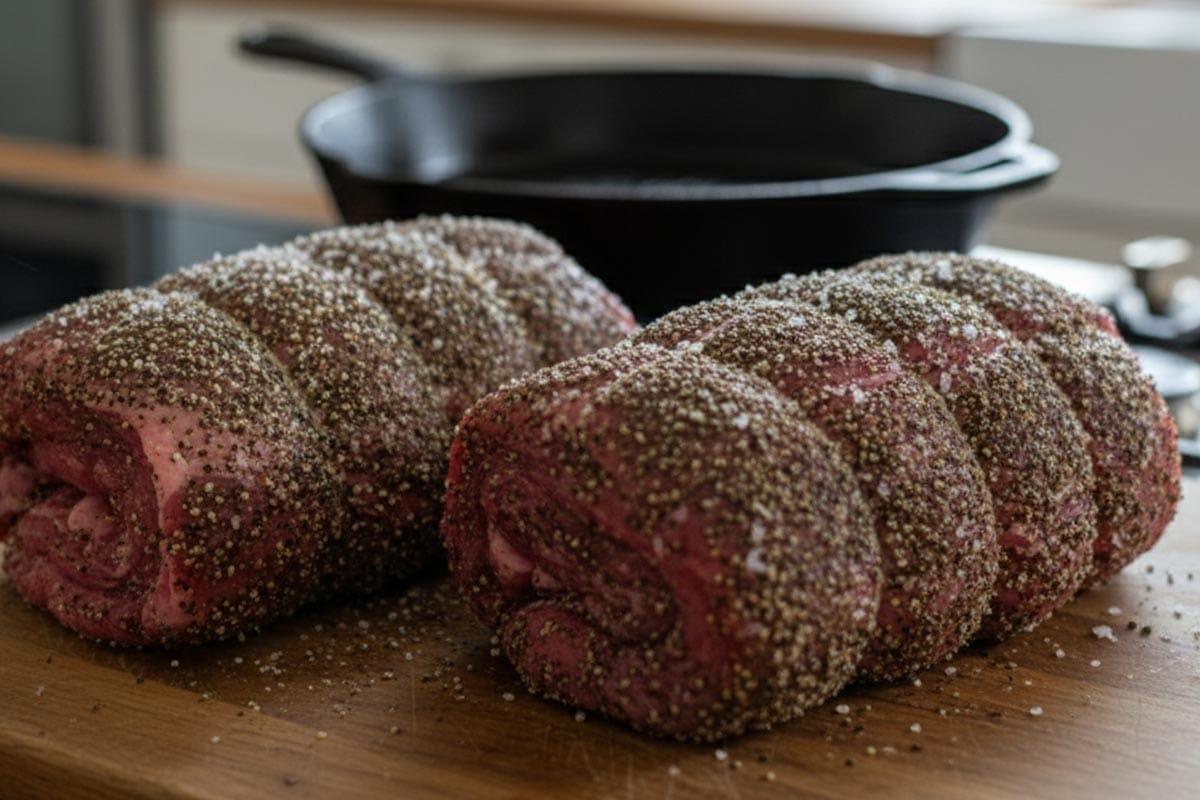 Roasts generously seasoned with salt and pepper on all sides.