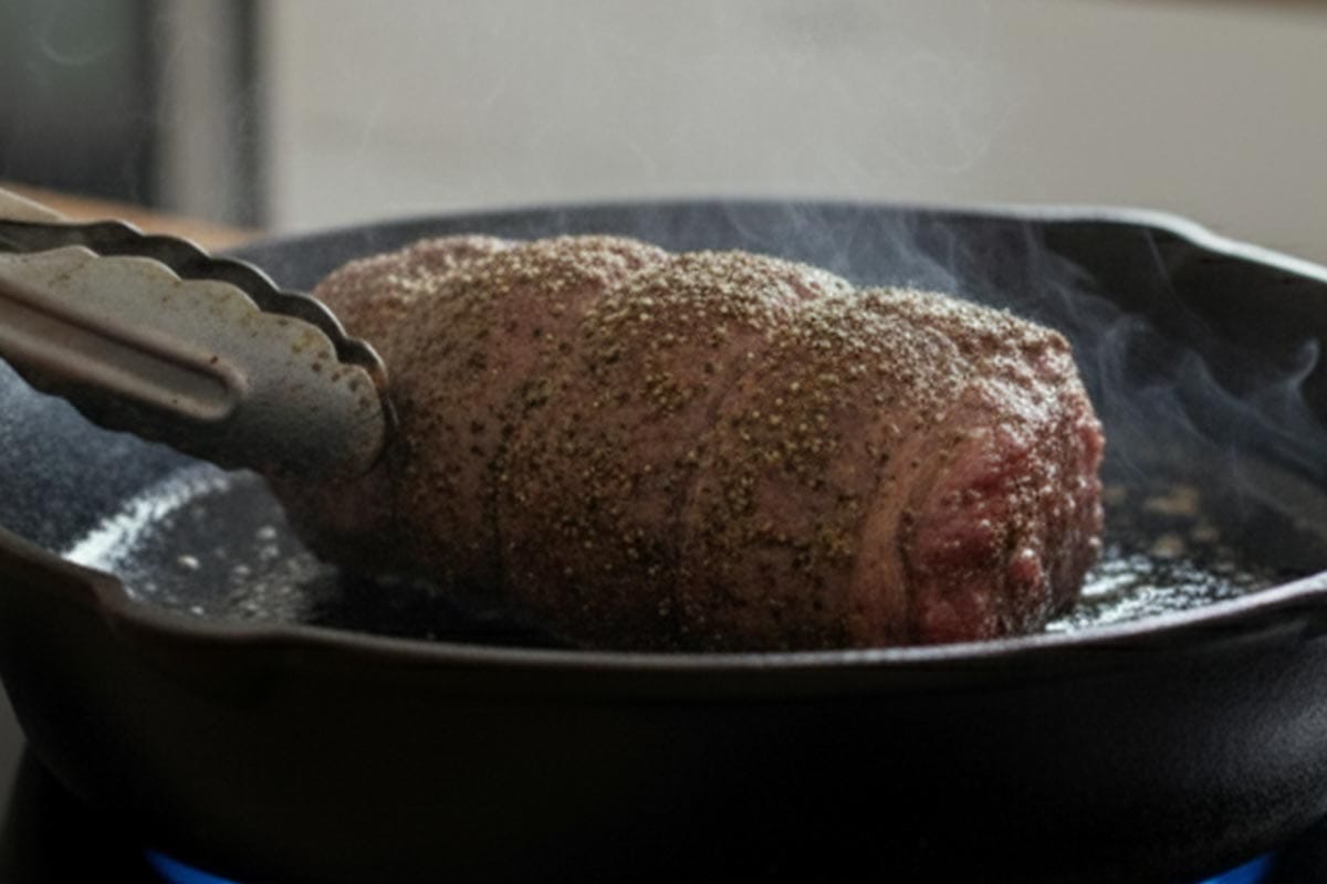 Searing the roast on a pan.