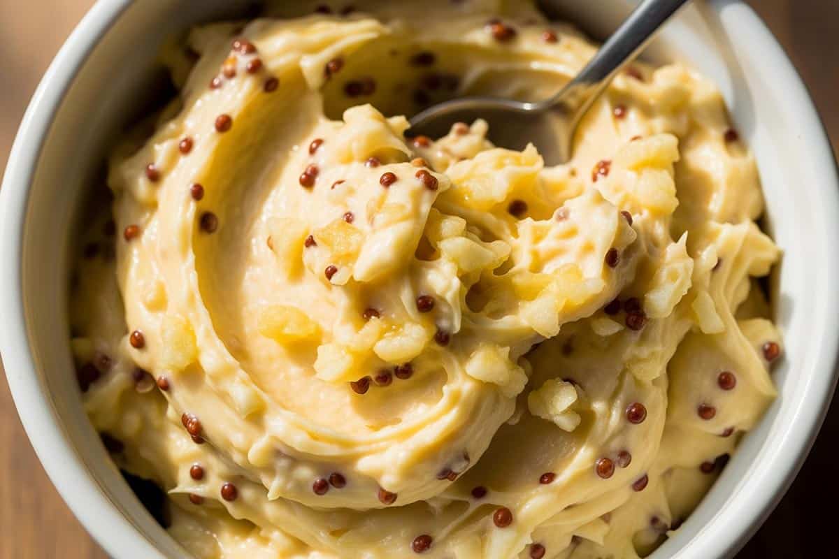 Mixed butter, garlic, and Dijon mustard in a bowl.