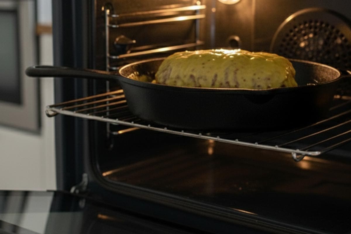 Transferred the skillet with beef tenderloin coated with garlic butter mixture to the oven.