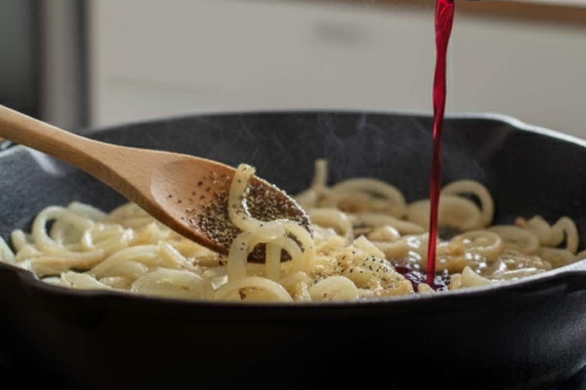 Pouring the red wine to the sautéd onion in a pan.