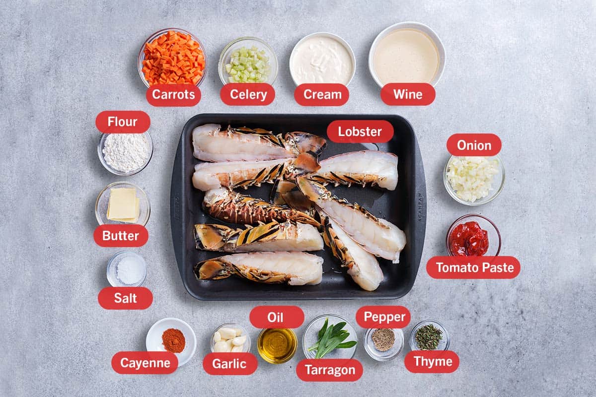 Image of the ingredients needed for the preparation of the lobster bisque.