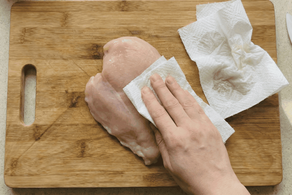 patting down a chicken breast over a wooden chopping board with paper towel